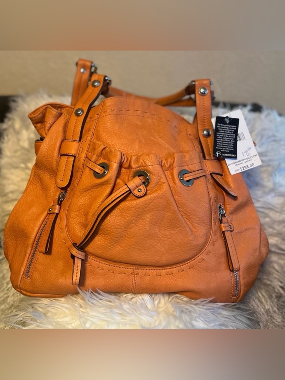 🔥B. Makowsky Orange Leather Drawstring Tote Shoulder Bag - Picture 6 of 7
